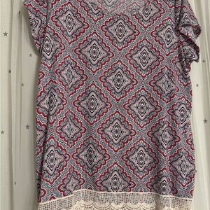 Maurices Red and White Geometric Blouse